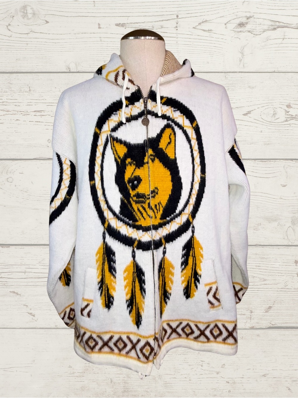 Vintage 90s Tejidos Imalaya Wool Wolf Dreamcatcher Hooded Full Zip Sweater L/XL